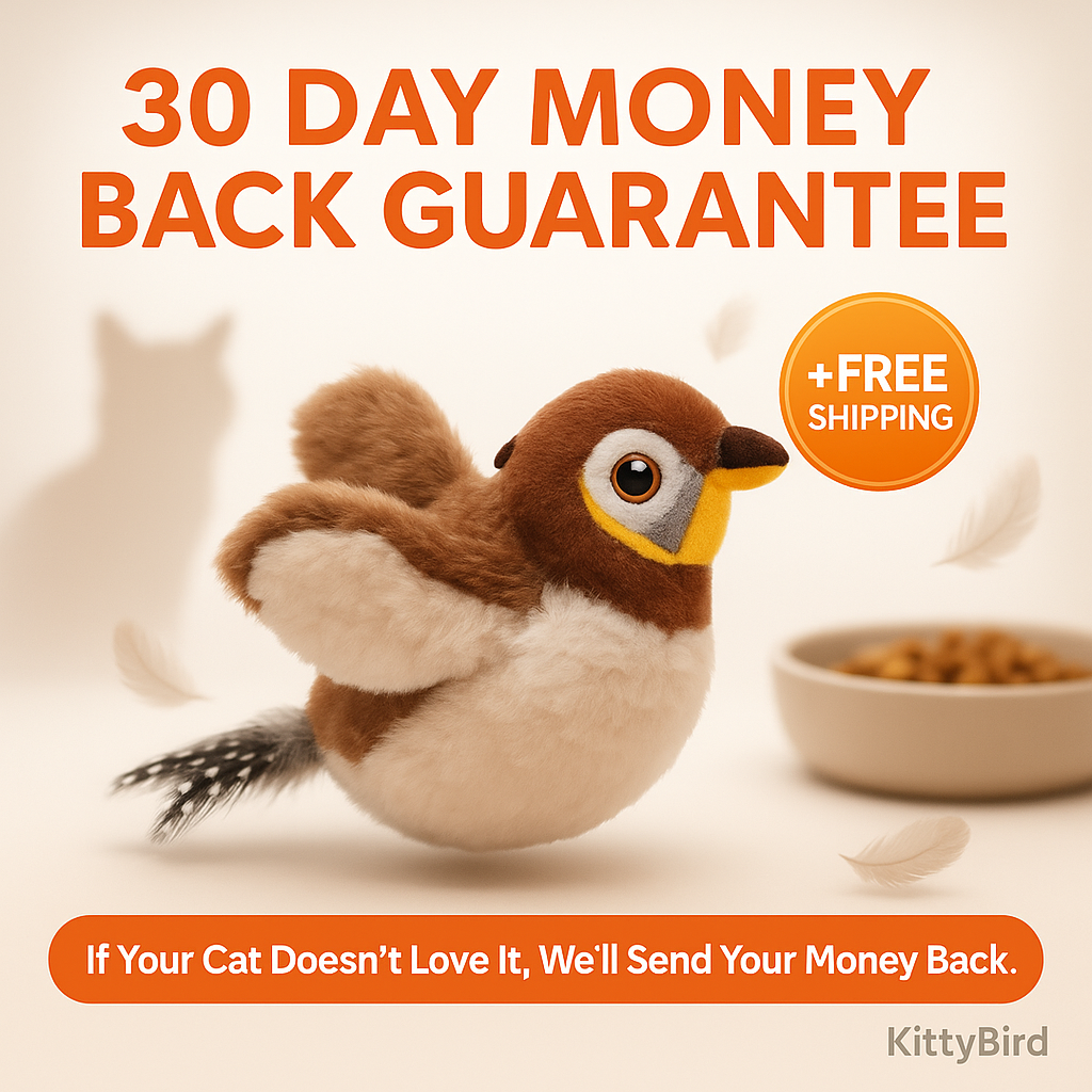 Plush bird toy with a 30-day money-back guarantee offer on a white background.
