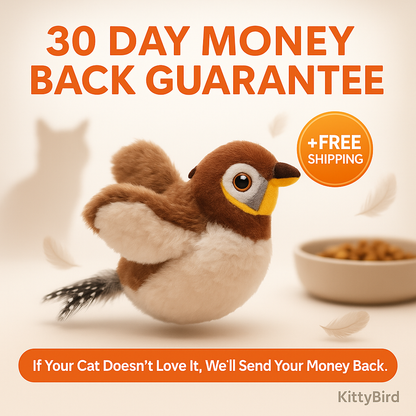Plush bird toy with a 30-day money-back guarantee offer on a white background.